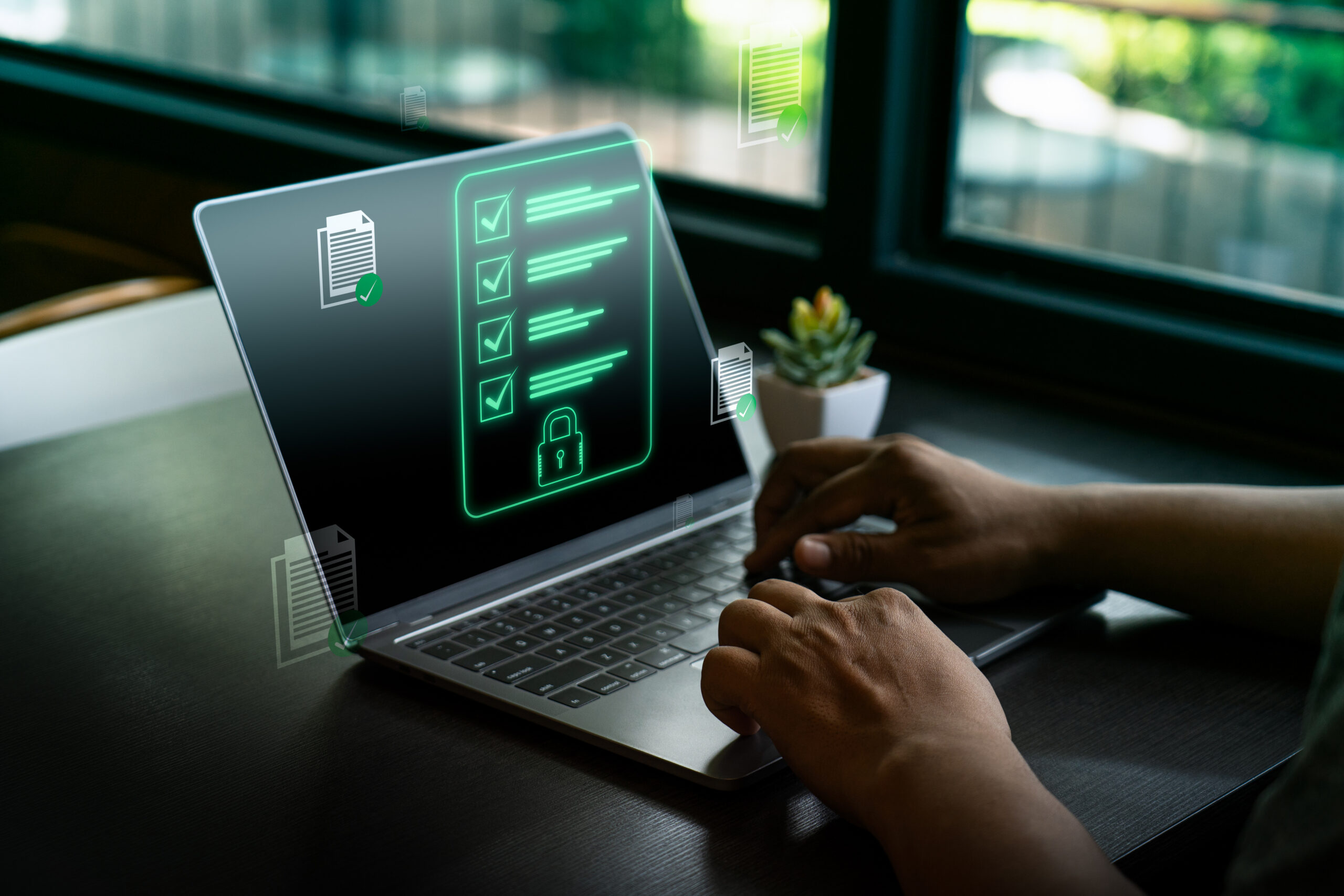 Cybersecurity checklist on laptop screen with digital document protection, data privacy, secure file management, compliance verification, and online information security concept